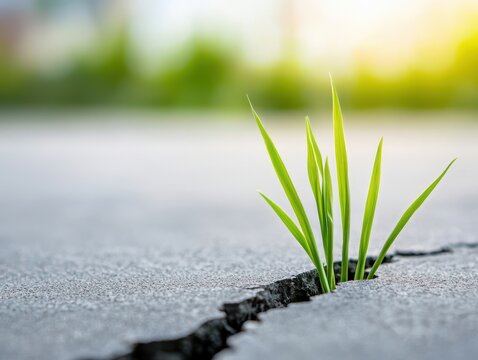 A resilient blade of grass grows through a crack in the concrete, symbolizing nature's persistence and hope in urban settings.