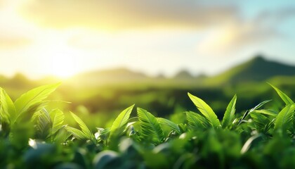 A serene landscape featuring lush green leaves illuminated by warm sunlight, creating a peaceful and vibrant natural scene.