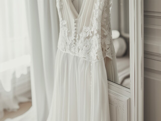 A flowing white wedding dress hanging near a window, perfect for showcasing bridal fashion and accessories.