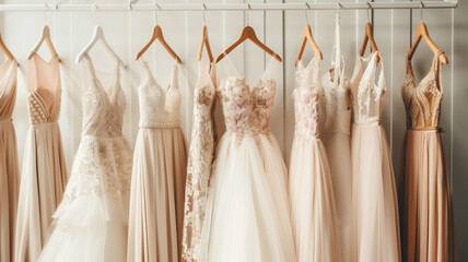 A clean and minimalist image of wedding dresses hanging on a modern rack.
