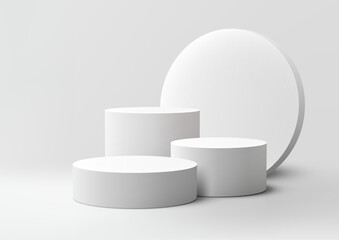 3D White Cylindrical Podiums with Large Circle, Modern Stage for Product Mockups, Advertising, and Commercial Exhibitions