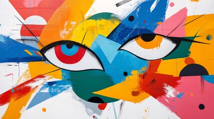 Fototapeta premium Abstract Eyes: A vibrant and captivating abstract painting, featuring two large, expressive eyes set against a colorful backdrop of geometric shapes and bold strokes.