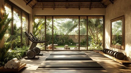 Fototapeta premium Tropical Gym Interior with Treadmills Yoga Mats and Natural Light