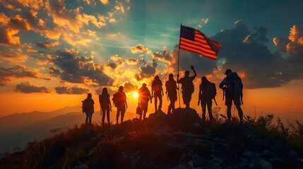 Fototapeta premium America celebrates the 4th of July. Patriotic holiday. Silhouettes of people with the US flag.