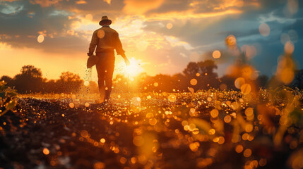 Elderly Farmer Planting Seeds at Sunrise