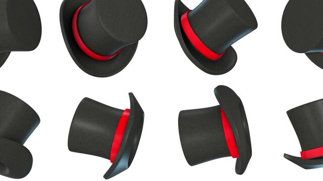 Magician Hat Falling on a White Background. Magic Hand 3D Animation. Top Hat. 4K