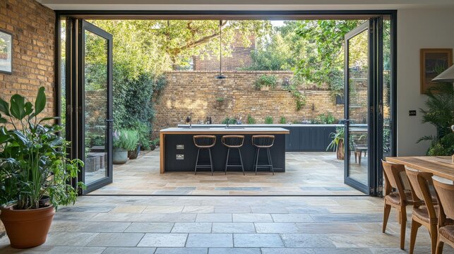 The stylish kitchen diner has bifold doors that open to reveal a patio made of Indian sandstone.  Plants flourish outside in spring and summer.