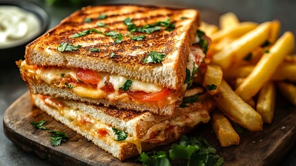 Grilled Cheese Sandwich with Tomato and Mozzarella Served with French Fries