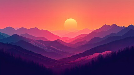 Sunset Over a Silhouetted Mountain Range with a Bright Yellow Sun