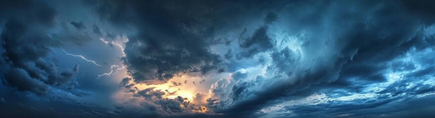 Obraz premium Dramatic stormy sky with lightning and illuminated clouds at dusk