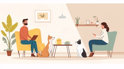 Couple Relaxing at Home with Dogs - Illustration 