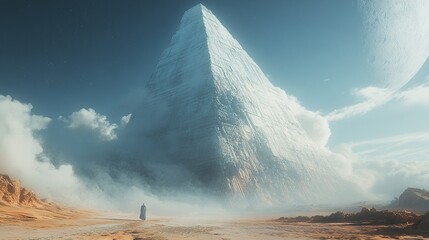A Lone Figure Contemplates a Giant Pyramid in a Surreal Desert Landscape