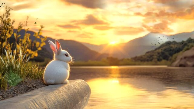 A cute white rabbit sits on a dam in a calm river in a mountain landscape at sunset	