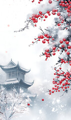 Elegant Plum Blossoms: A Chinese Wedding Greeting Card Design for Invitations & Banners Celebrating Love in a Snowy Peak Setting