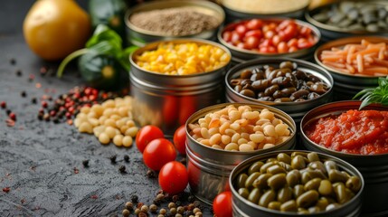 Open tin cans with different food on table