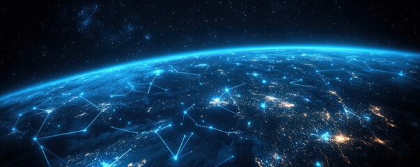 Global network of connected devices and digital marketplaces on banner layout