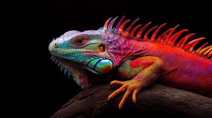 Obraz premium Vibrant iguana featuring stunning colors and intricate patterns, perched gracefully on a branch against a dark backdrop.