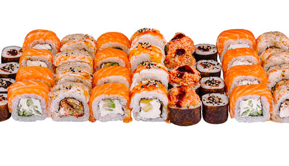 Sushi set presenting variety of japanese dishes with rice and seafood
