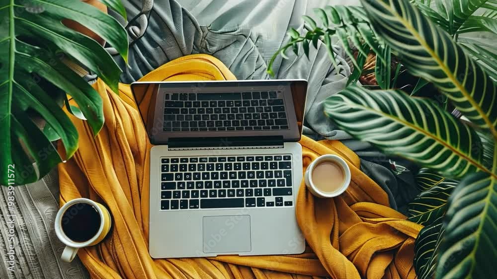 Poster a warm and inviting workspace features a laptop surrounded by coffee cups and lush green plants, cre
