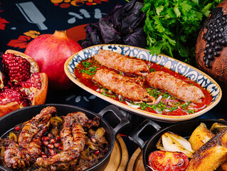 Traditional georgian food presenting lamb and various dishes