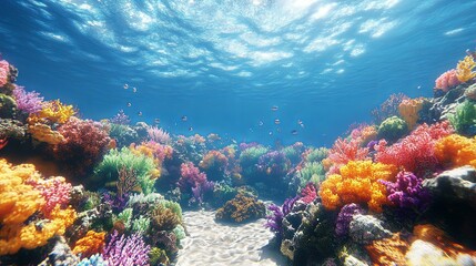 Naklejka premium Vibrant Coral Reef Ecosystem Under Clear Blue Water
