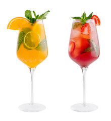 Two refreshing summer cocktails standing on white background