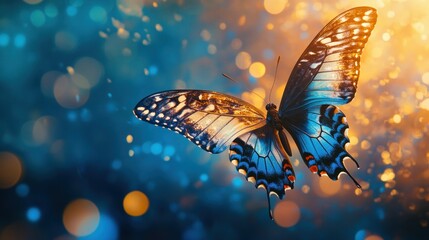 A Blue Butterfly In Flight Against a Bokeh Background