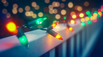 Multicolored string lights adorn a white railing, creating a festive and warm atmosphere against a blurred background.