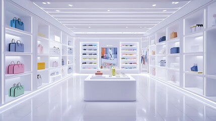 A modern digital storefront showcasing innovative design with sleek white shelves displaying colorful bags and accessories. bright lighting enhances vibrant colors, creating an inviting atmosphere. 