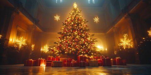 Obraz premium huge Christmas tree with bright lights and a presents and New Year Winter fairytale background