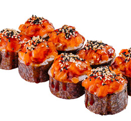 Sushi set covered with sesame seeds and sauce standing on white background