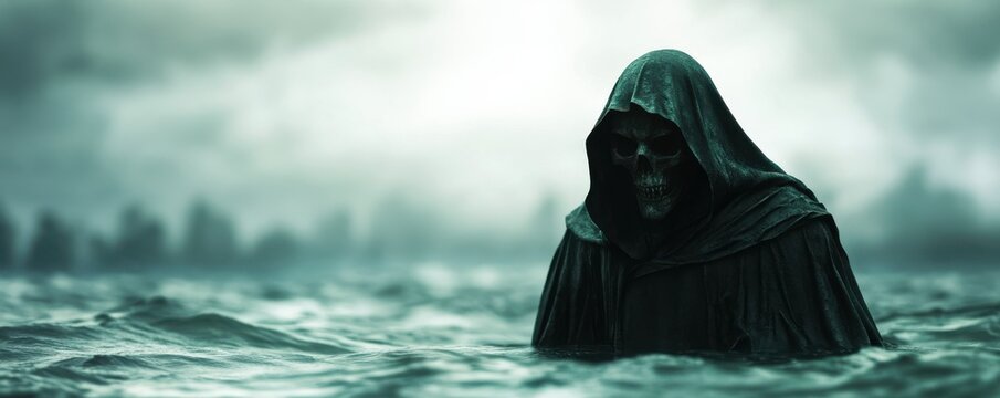 A mysterious figure emerges from the misty waters, cloaked in darkness, evoking themes of shadows and the unknown.