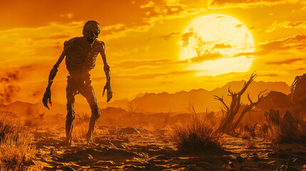 A zombie stumbling through a desolate desert landscape, with the sun setting behind it.