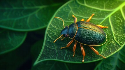 Naklejka premium Close-up of a vibrant beetle resting on lush green leaves, showcasing its intricate details and colorful patterns in nature.