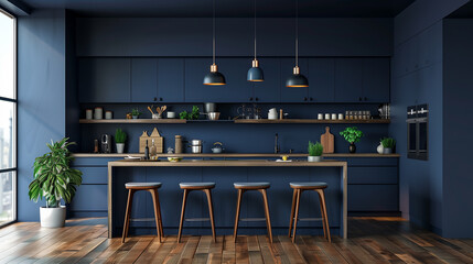Minimalist kitchen decor with a blue accent wall.