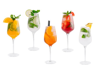 Five colorful cocktails with fruit and mint standing on white background