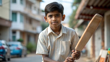 Indian Boy Playing Cricket in the Street
