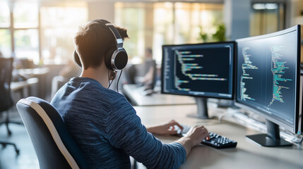 Ergonomic Desk Setup with Headphones - Focused Professional in Front of Monitor with codes