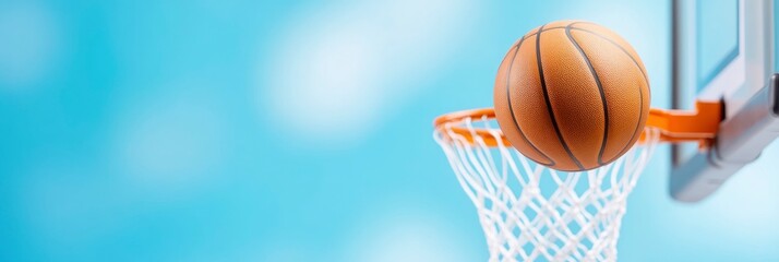 Basketball on hoop with blue sky background