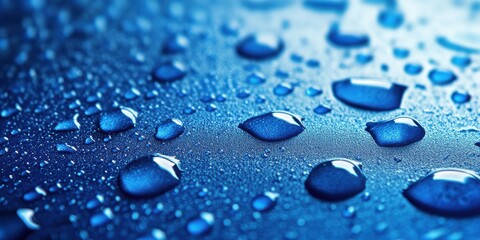 A close-up shot of a blue surface covered with water droplets of various sizes