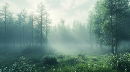 Obraz premium A Misty Forest Path with Sunlight Peeking Through the Trees