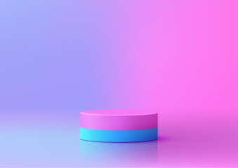 3D Cylindrical Podium with Pink and Blue Gradient on Reflective Surface for Modern Product Display, Mockup, and Showroom