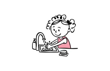 happy cute little kid boy wash hand in sink