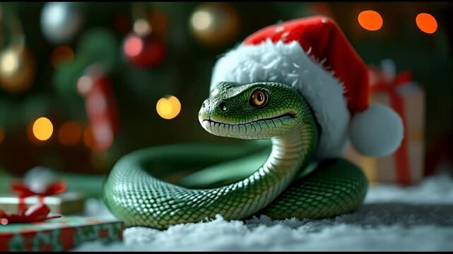 Green snake in a Santa Claus hat. Symbol of 2025. New Year. Christmas	

