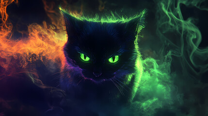 Enigmatic feline with piercing eyes surrounded by a fiery, colorful aura. Halloween vibe