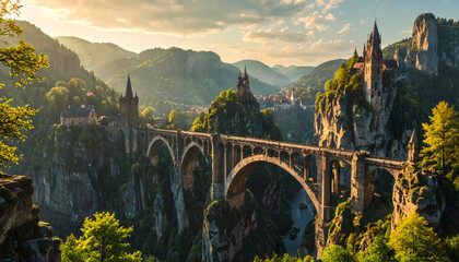 Fototapeta premium Pont médiéval entre les montagnes au coucher du soleil