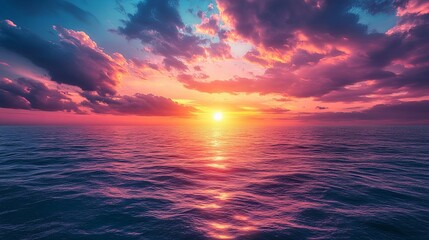 A Vibrant Sunset Over the Ocean with Pink and Blue Clouds