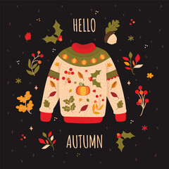 Autumn poster with a sweater and leaves