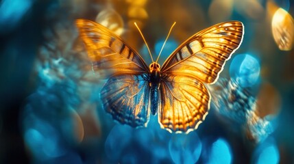 Golden Butterfly with Blue Bokeh Background