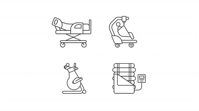 Patient care equipment animation set. Medical furniture animated line icons. Treatment, rehabilitation. Black illustrations on white background. HD video with alpha channel. Motion graphic